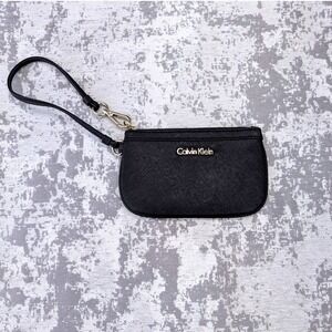 Calvin Klein Black Saffiano Leather Wristlet Pouch Clutch Card Holder Gold Logo
